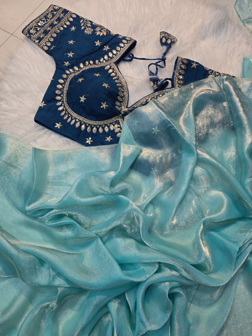 Ravishing Party Wear Space Silk Designer Saree Embroidery Full Stitched Worked Blouse