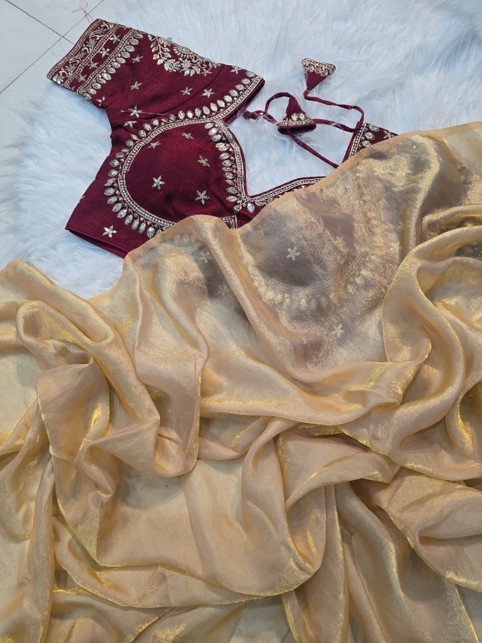 Ravishing Party Wear Space Silk Designer Saree Embroidery Full Stitched Worked Blouse