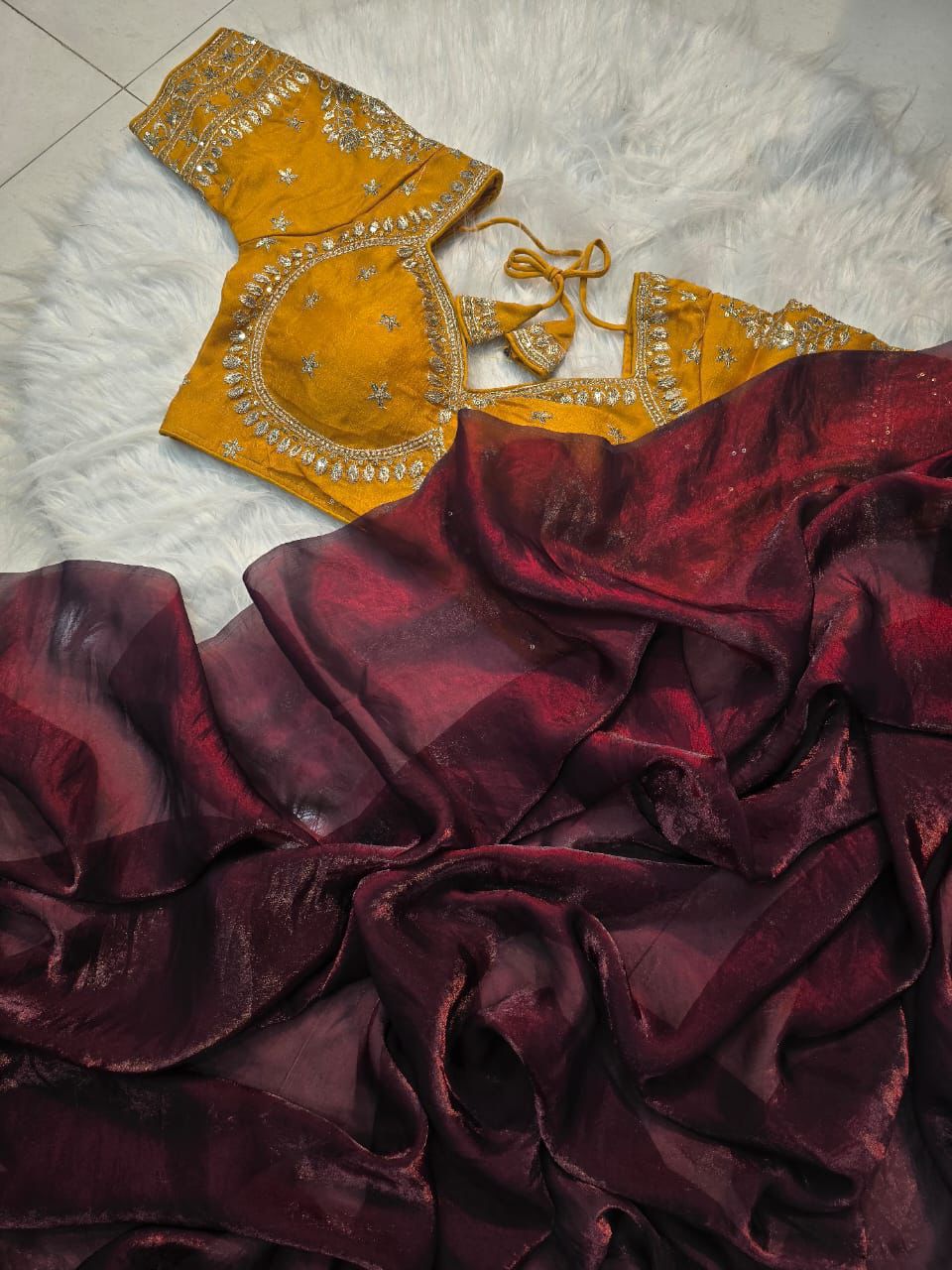 Ravishing Party Wear Space Silk Designer Saree Embroidery Full Stitched Worked Blouse
