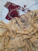 Load image into Gallery viewer, Ravishing Party Wear Space Silk Designer Saree Embroidery Full Stitched Worked Blouse
