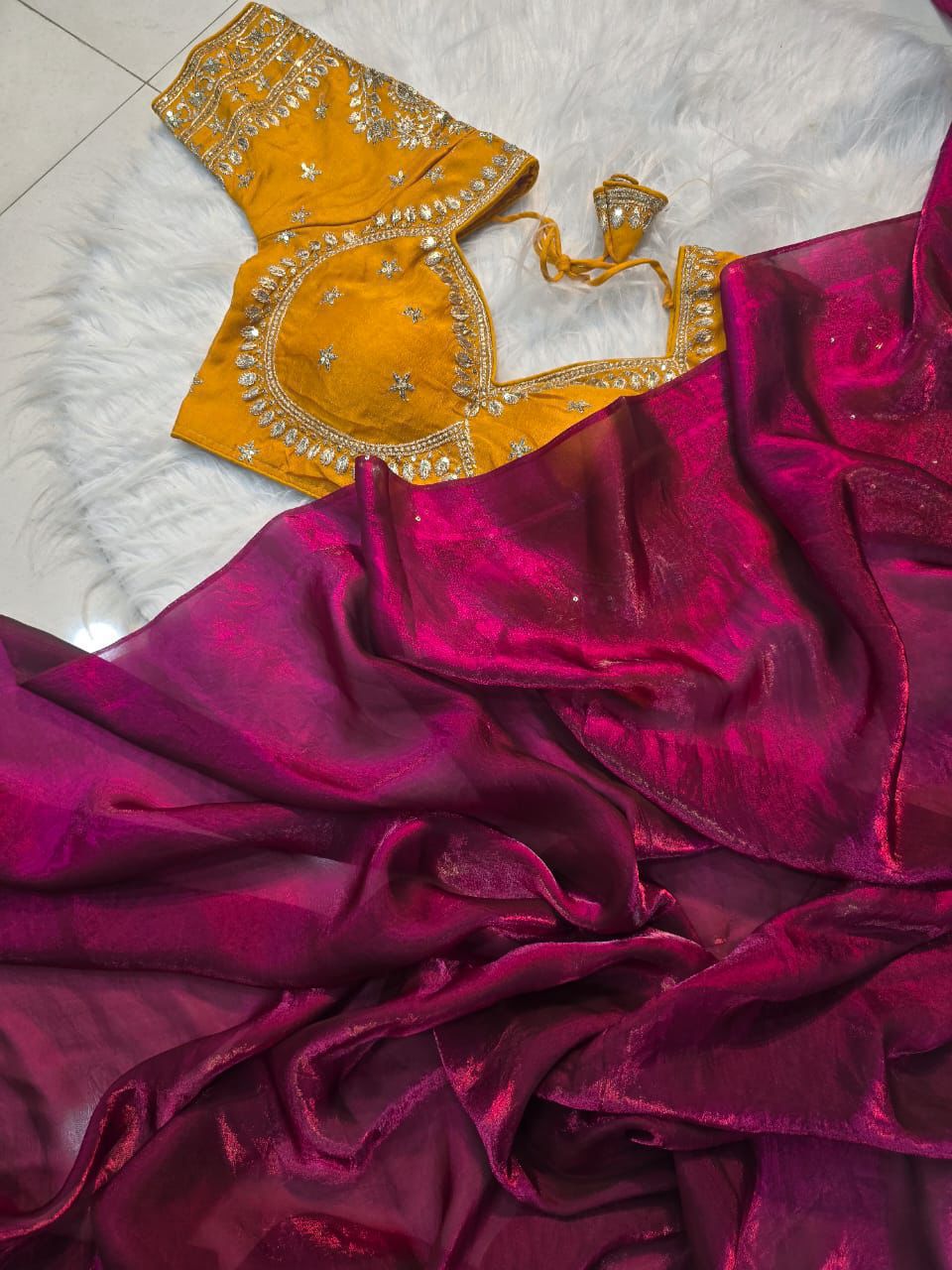 Ravishing Party Wear Space Silk Designer Saree Embroidery Full Stitched Worked Blouse