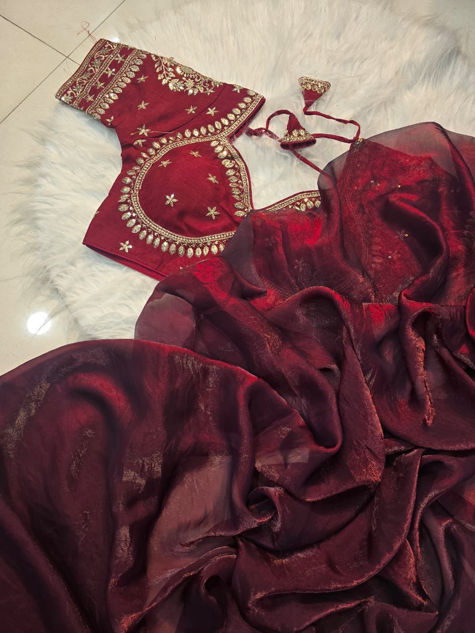 Ravishing Party Wear Space Silk Designer Saree Embroidery Full Stitched Worked Blouse