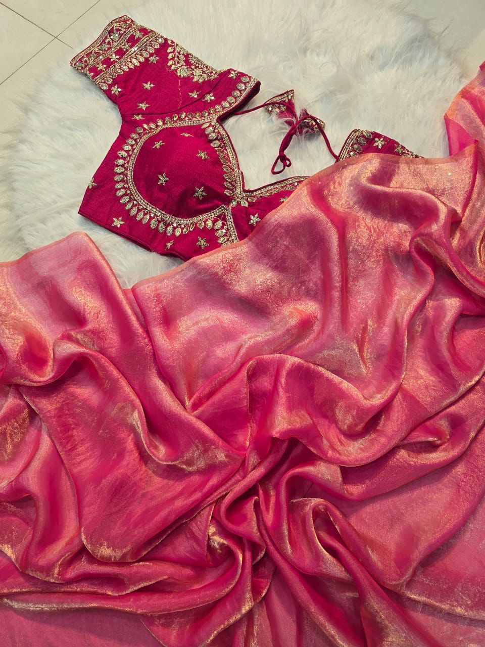 Ravishing Party Wear Space Silk Designer Saree Embroidery Full Stitched Worked Blouse