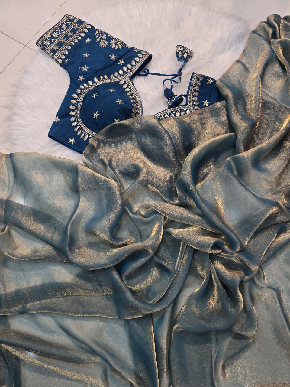 Ravishing Party Wear Space Silk Designer Saree Embroidery Full Stitched Worked Blouse