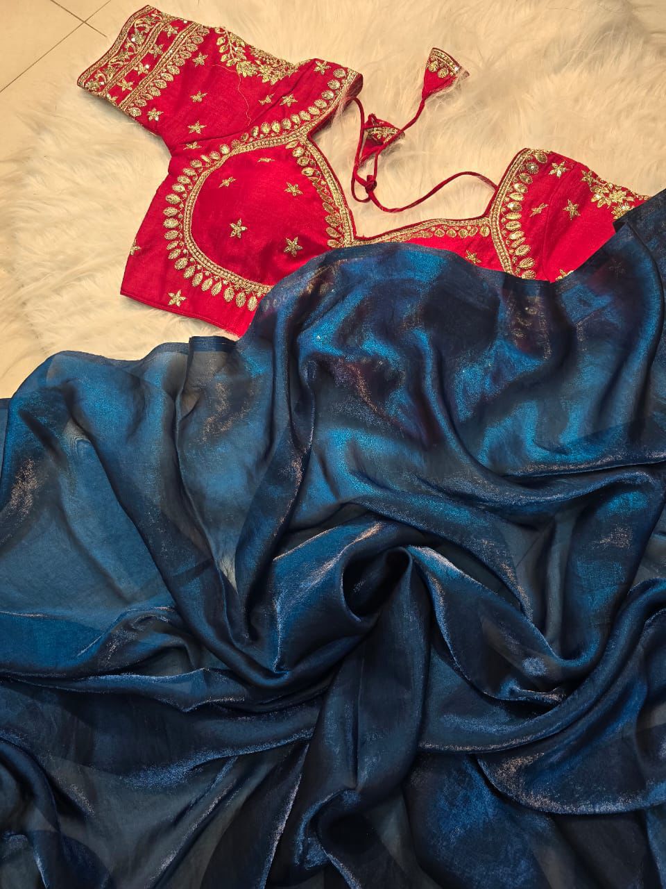 Ravishing Party Wear Space Silk Designer Saree Embroidery Full Stitched Worked Blouse