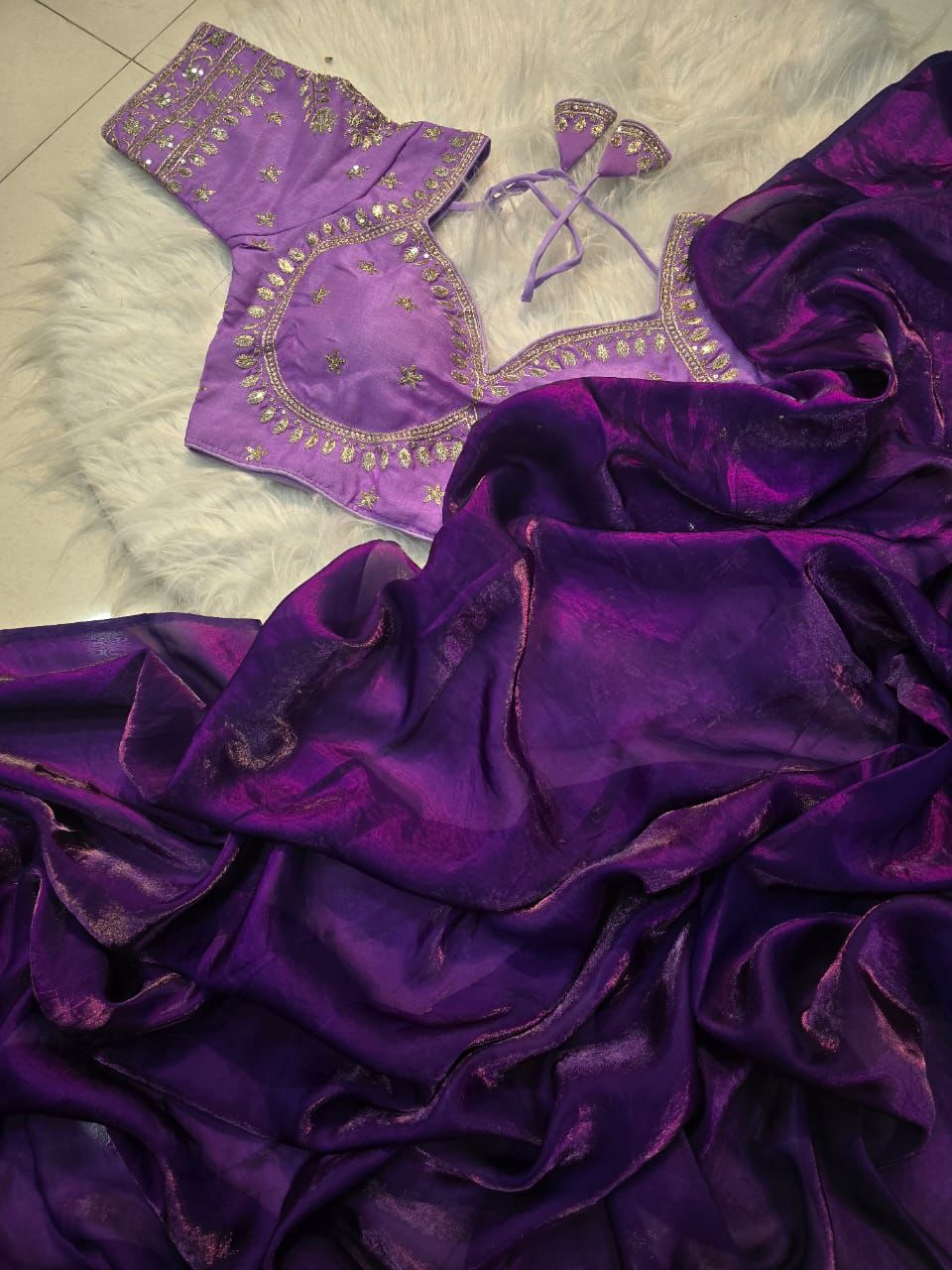 Ravishing Party Wear Space Silk Designer Saree Embroidery Full Stitched Worked Blouse