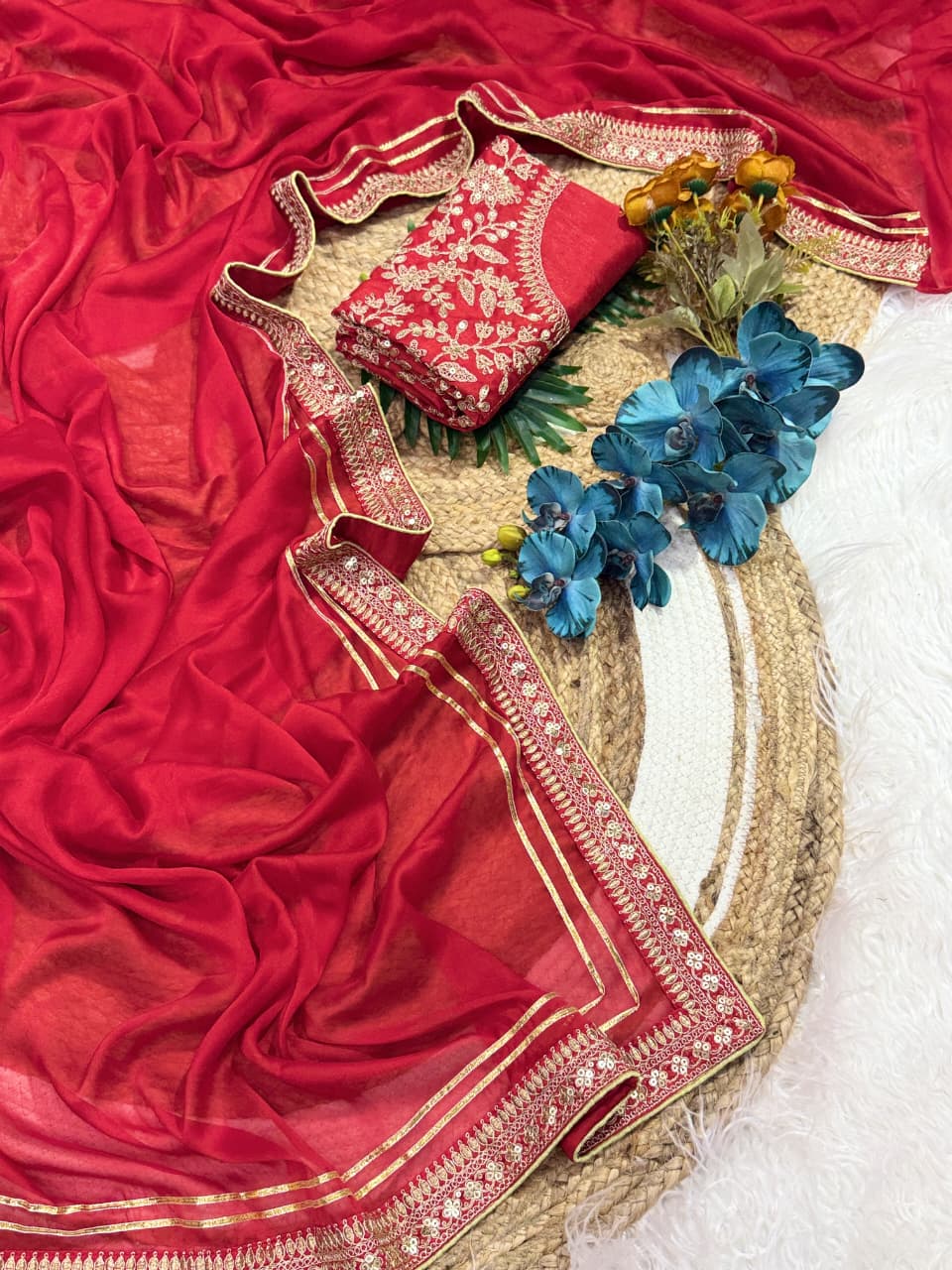 Attractive Festive Wear Red Colour Rangoli Silk Embroidery N Sequence Work Lace Border Saree For Wedding