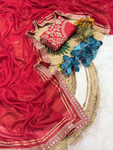 Load image into Gallery viewer, Attractive Festive Wear Red Colour Rangoli Silk Embroidery N Sequence Work Lace Border Saree For Wedding
