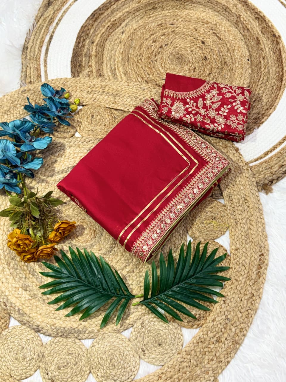 Attractive Festive Wear Red Colour Rangoli Silk Embroidery N Sequence Work Lace Border Saree For Wedding