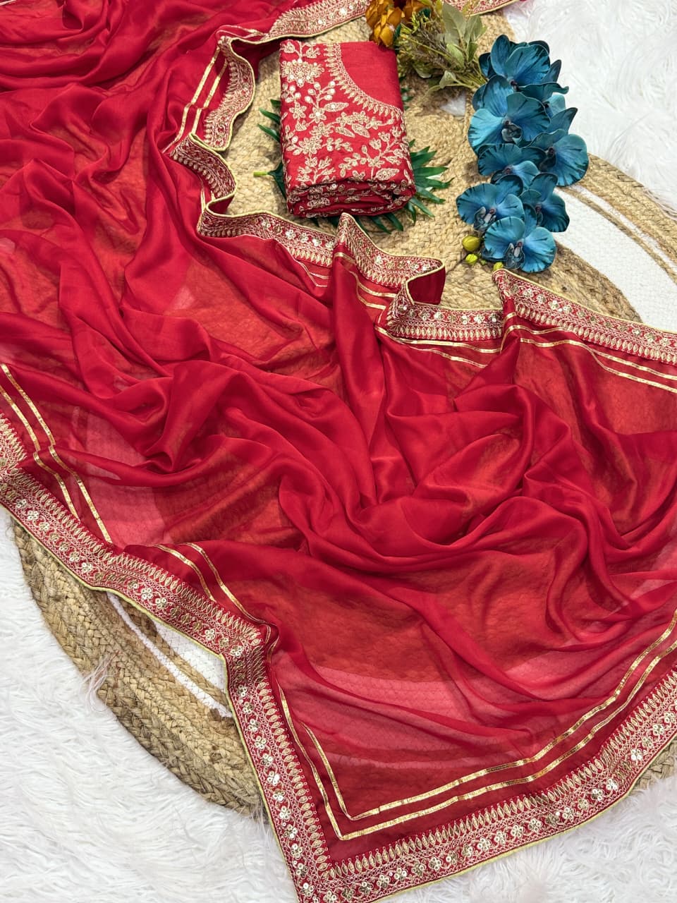 Attractive Festive Wear Red Colour Rangoli Silk Embroidery N Sequence Work Lace Border Saree For Wedding