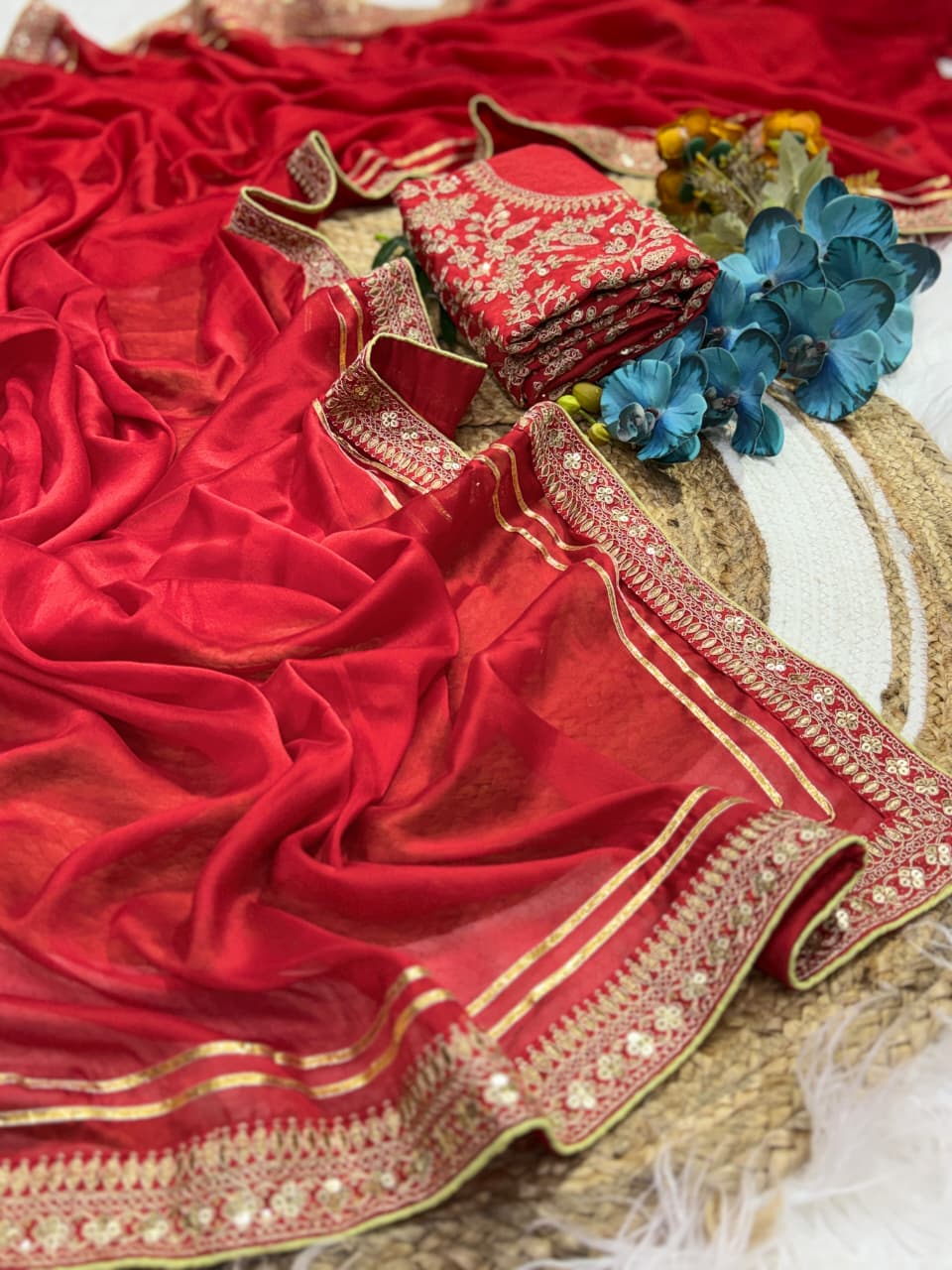 Attractive Festive Wear Red Colour Rangoli Silk Embroidery N Sequence Work Lace Border Saree For Wedding