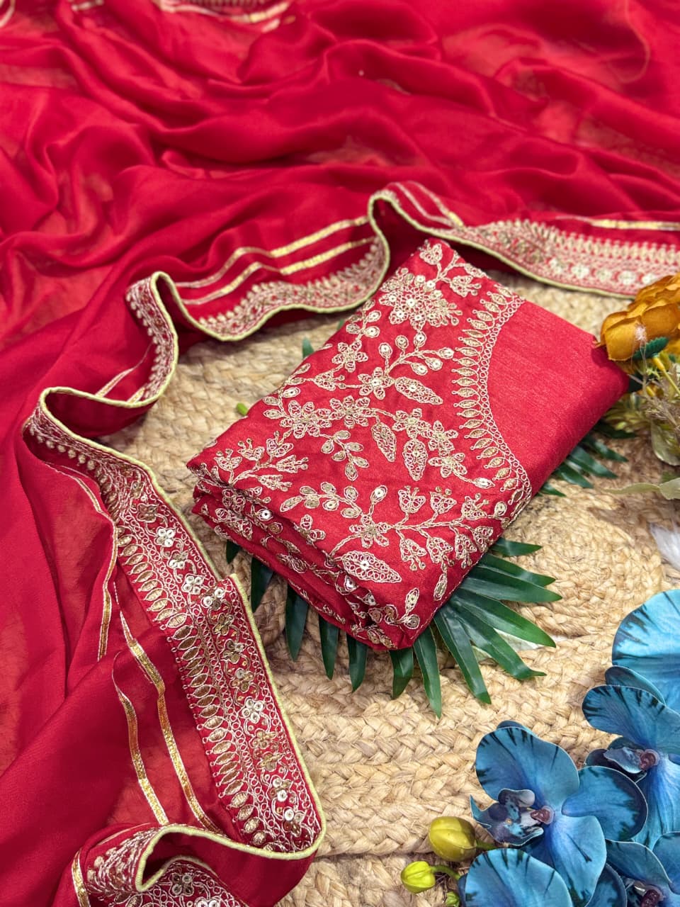 Attractive Festive Wear Red Colour Rangoli Silk Embroidery N Sequence Work Lace Border Saree For Wedding