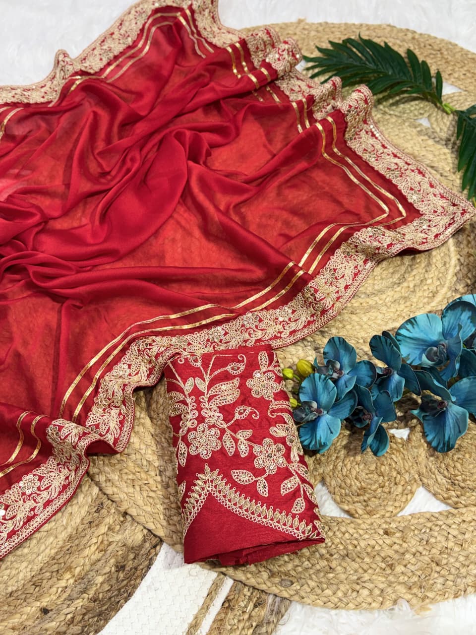 Ravishing Festive Wear Red Colour Rangoli Silk Embroidery N Sequence Work Lace Border Saree For Wedding