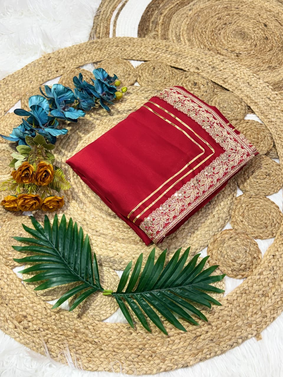 Ravishing Festive Wear Red Colour Rangoli Silk Embroidery N Sequence Work Lace Border Saree For Wedding