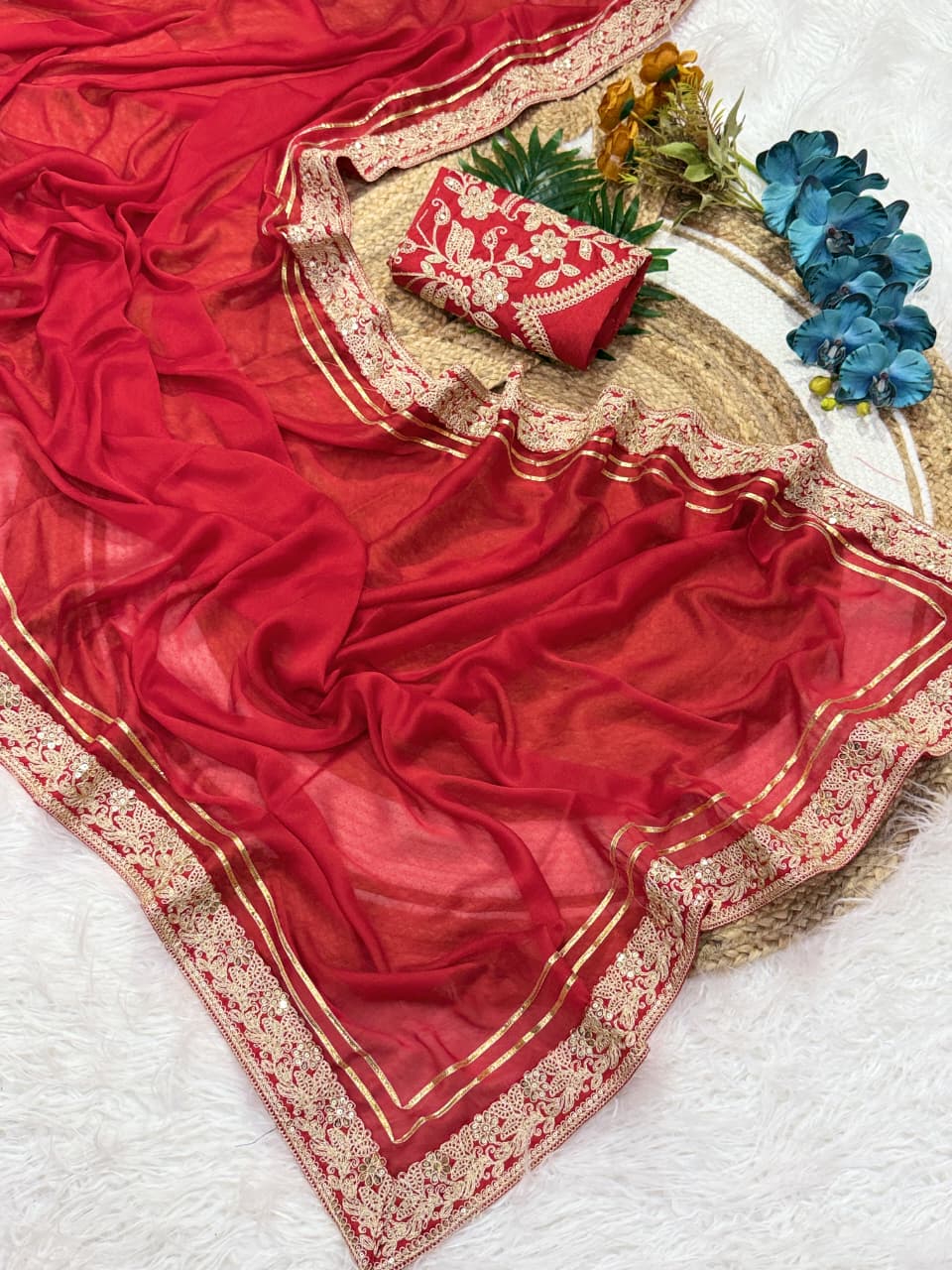 Ravishing Festive Wear Red Colour Rangoli Silk Embroidery N Sequence Work Lace Border Saree For Wedding