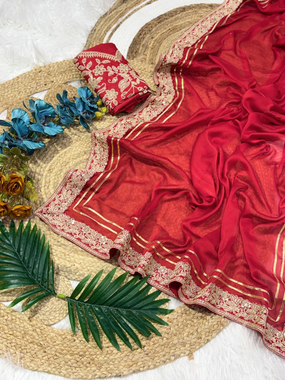 Ravishing Festive Wear Red Colour Rangoli Silk Embroidery N Sequence Work Lace Border Saree For Wedding