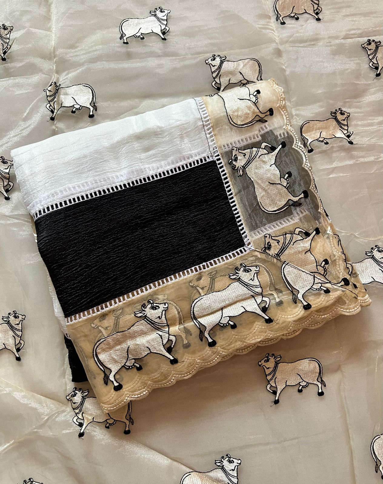 Forbearance Party Wear Crush Silk Embroidery Kalamkari Print Cut Work Border Fancy Saree For Occasion