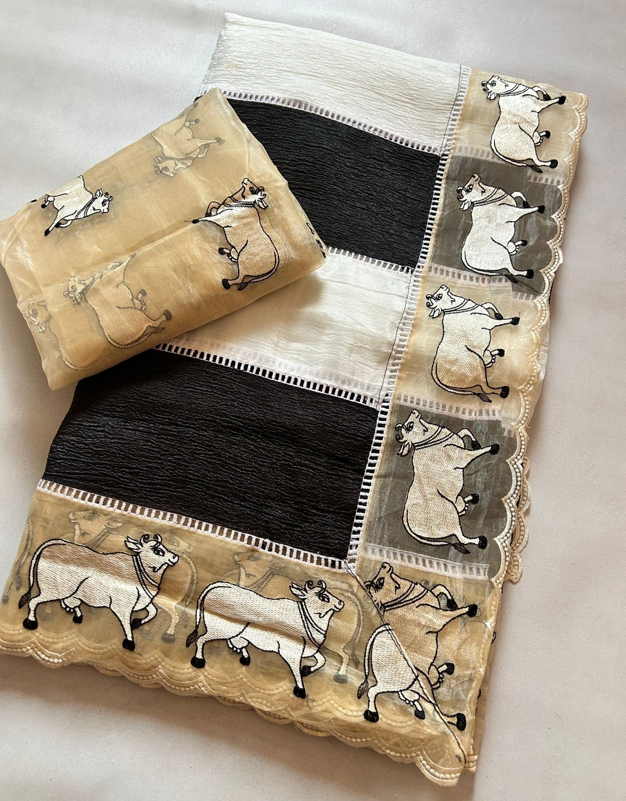 Forbearance Party Wear Crush Silk Embroidery Kalamkari Print Cut Work Border Fancy Saree For Occasion