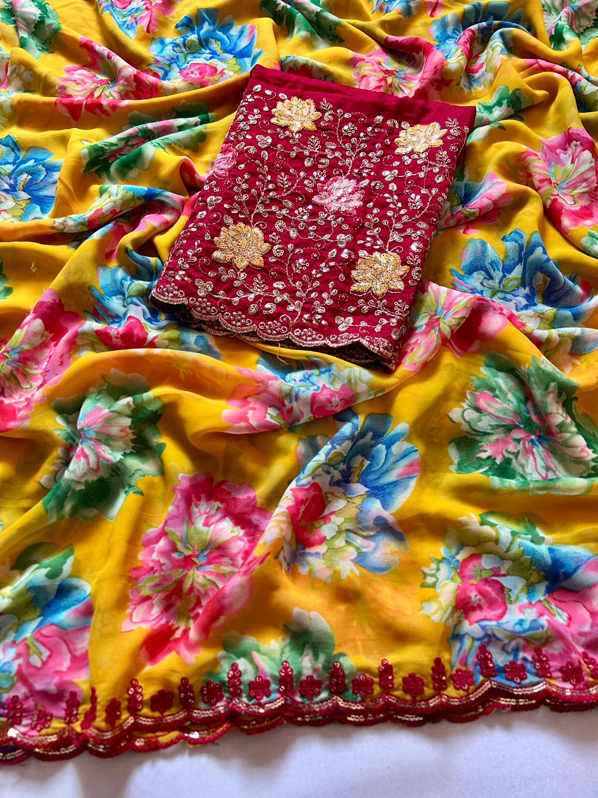 Stylish Festive Wear Multi Colour Georgette Sequence Embroidered With Butti Work n Scalloped Border Fancy Saree For Wedding