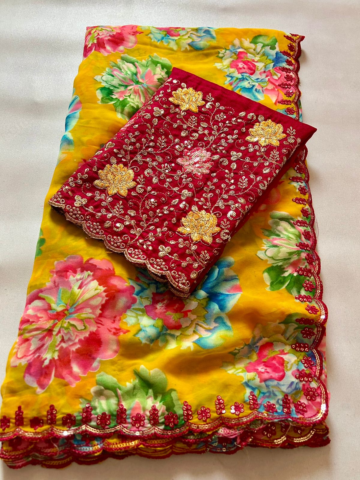 Stylish Festive Wear Multi Colour Georgette Sequence Embroidered With Butti Work n Scalloped Border Fancy Saree For Wedding