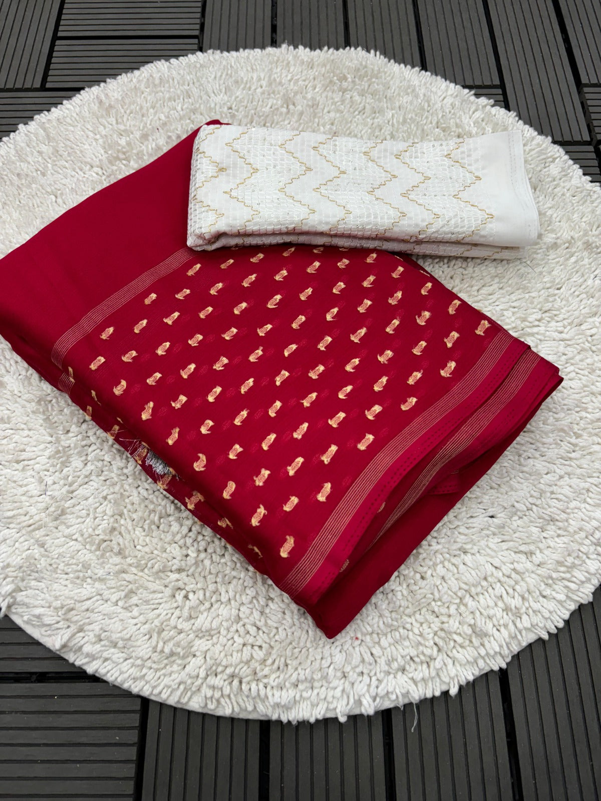 New Wedding Wear Red Colour Georgette Butti Design Saree With Contrast Blouse Piece