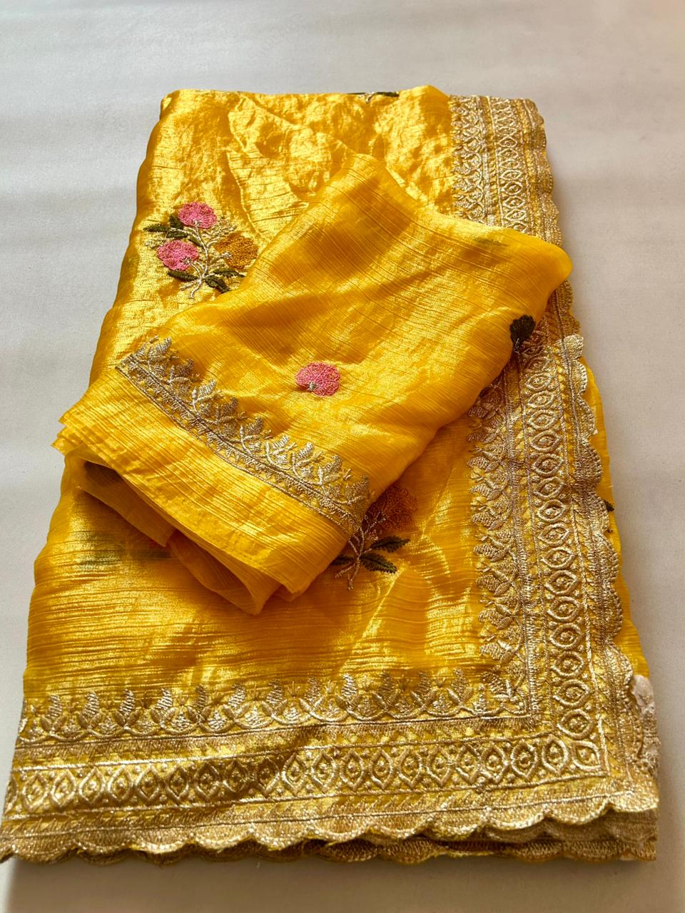 Opulent Function Wear Yellow Colour Chiffon Satin Silk Sequence n Cut Work Border Fancy Designer Saree For Wedding