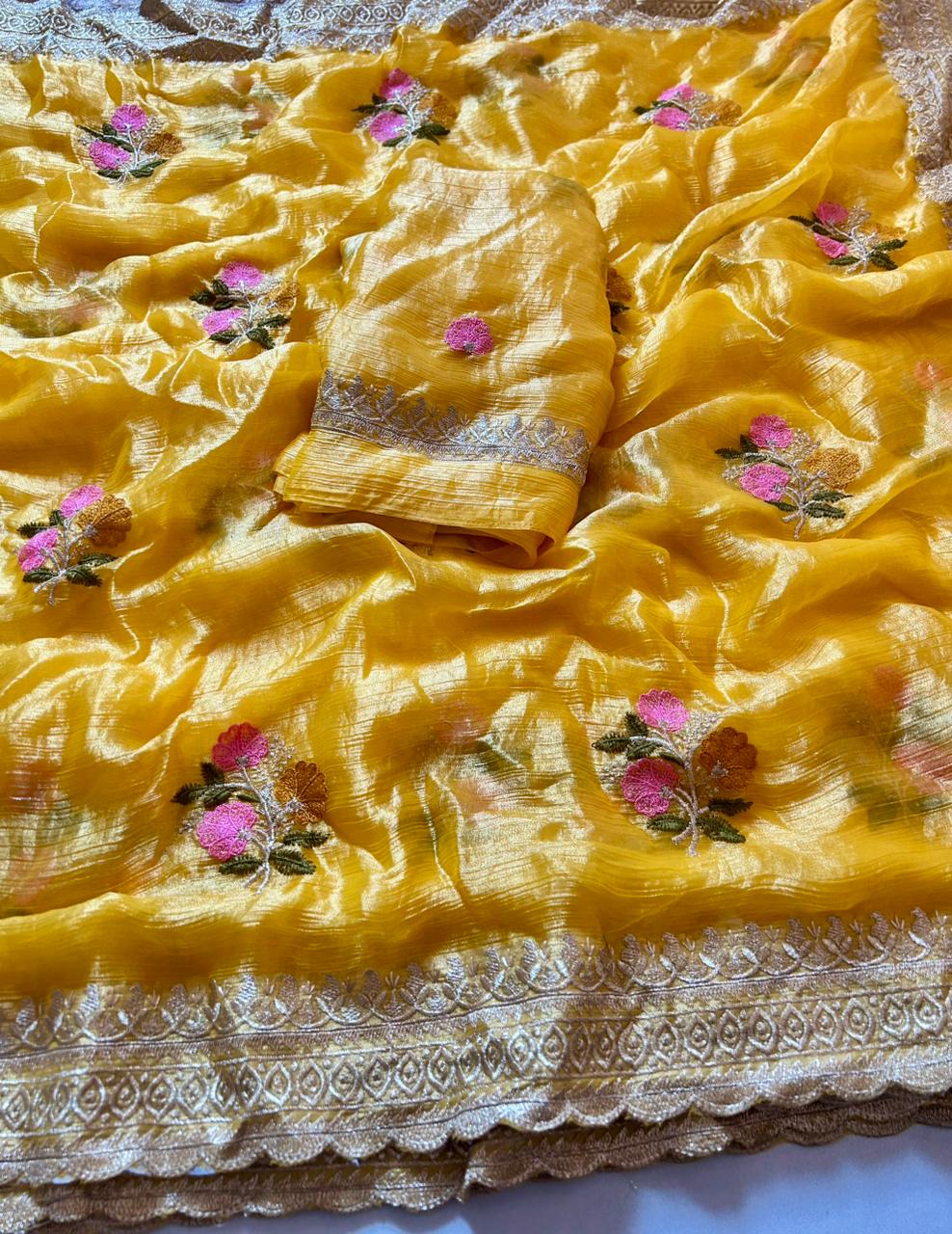 Opulent Function Wear Yellow Colour Chiffon Satin Silk Sequence n Cut Work Border Fancy Designer Saree For Wedding
