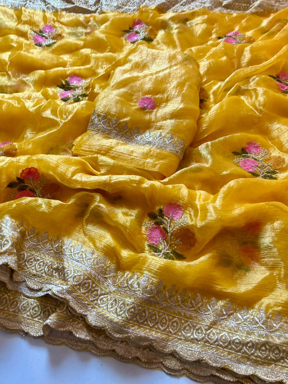 Opulent Function Wear Yellow Colour Chiffon Satin Silk Sequence n Cut Work Border Fancy Designer Saree For Wedding