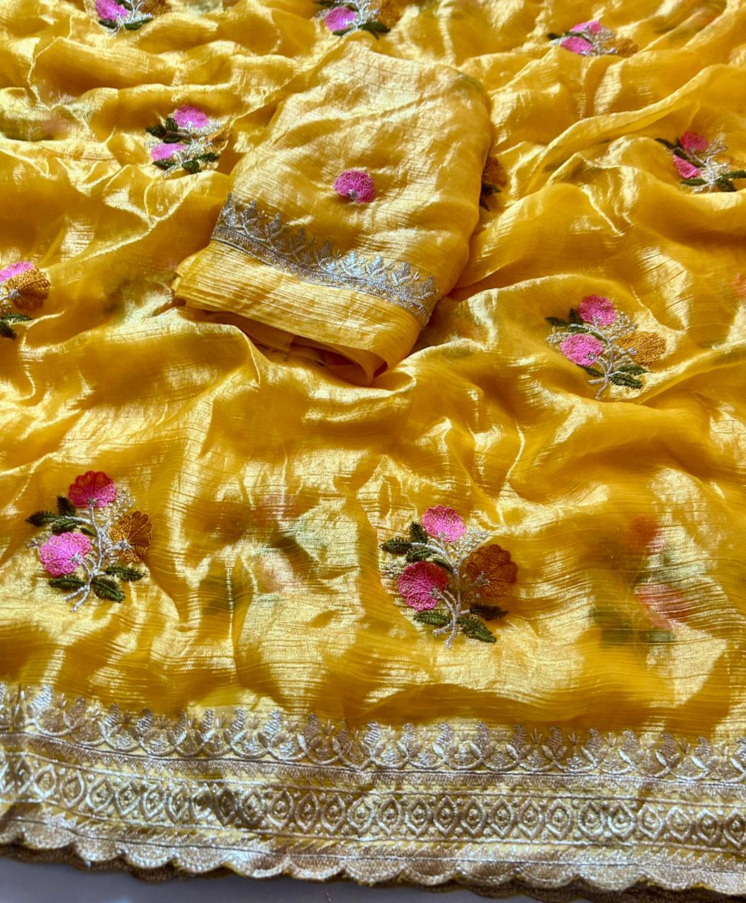 Opulent Function Wear Yellow Colour Chiffon Satin Silk Sequence n Cut Work Border Fancy Designer Saree For Wedding