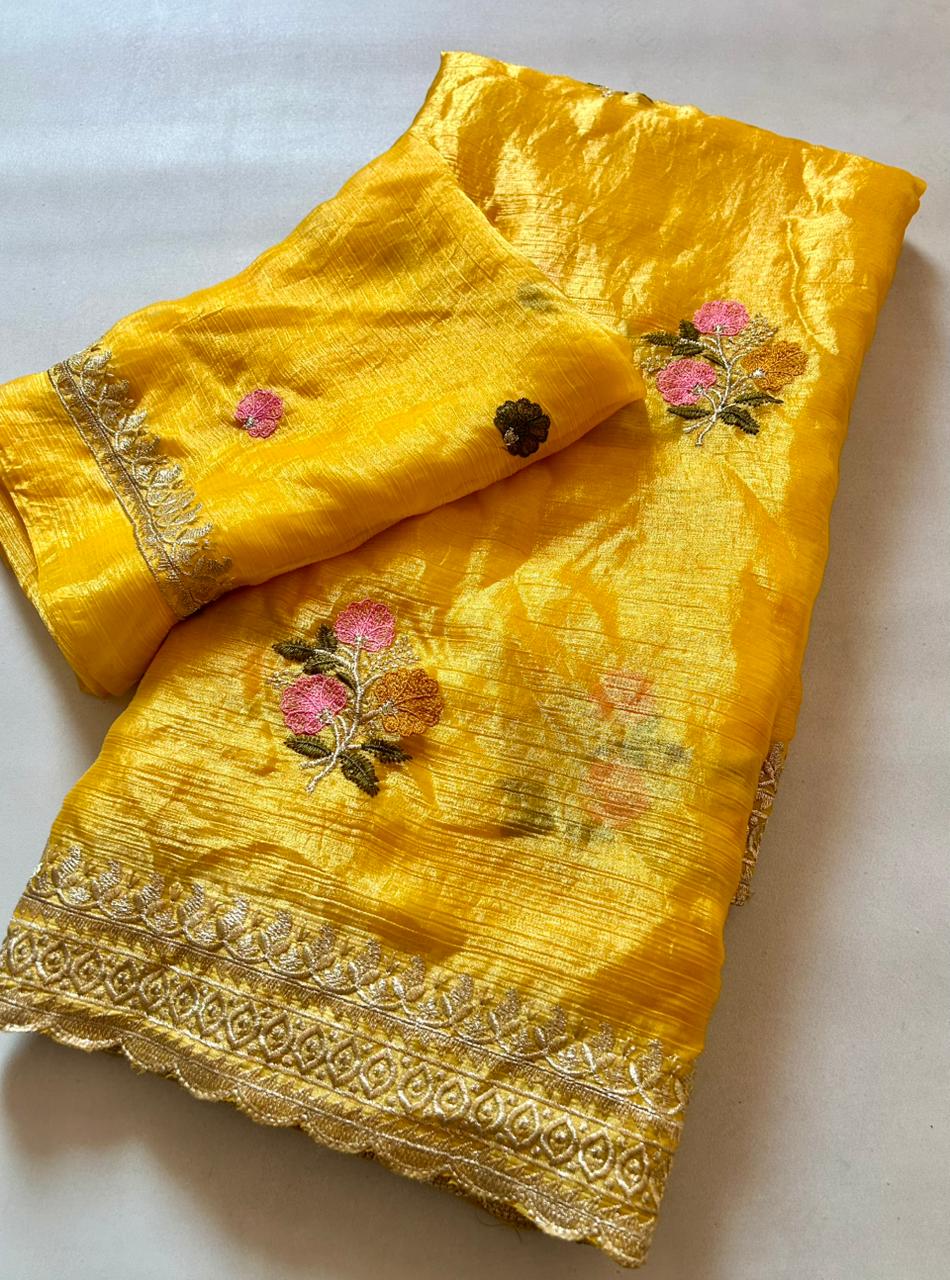 Opulent Function Wear Yellow Colour Chiffon Satin Silk Sequence n Cut Work Border Fancy Designer Saree For Wedding