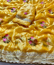 Load image into Gallery viewer, Opulent Function Wear Yellow Colour Chiffon Satin Silk Sequence n Cut Work Border Fancy Designer Saree For Wedding
