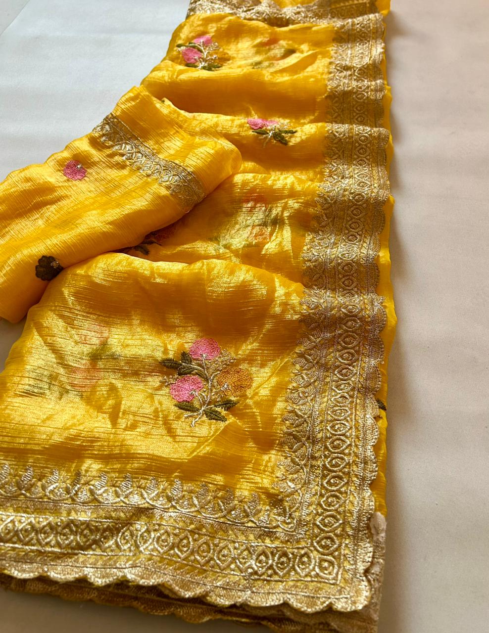 Opulent Function Wear Yellow Colour Chiffon Satin Silk Sequence n Cut Work Border Fancy Designer Saree For Wedding