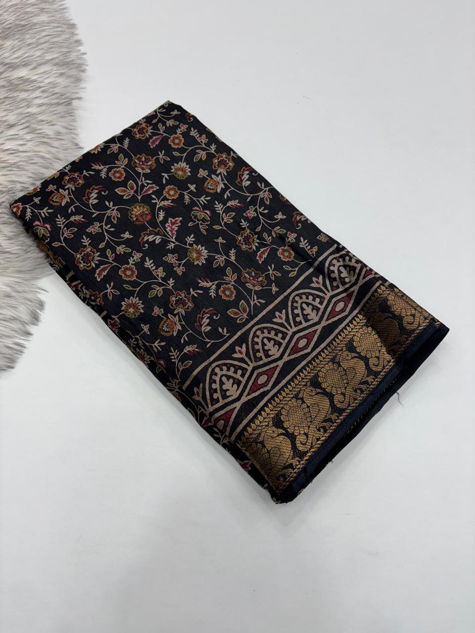 Artistic Function Wear Soft Dola Silk Kalamkari Print Mangalkari Zari Border Fancy Designer Saree With Luxurious Blouse Piece