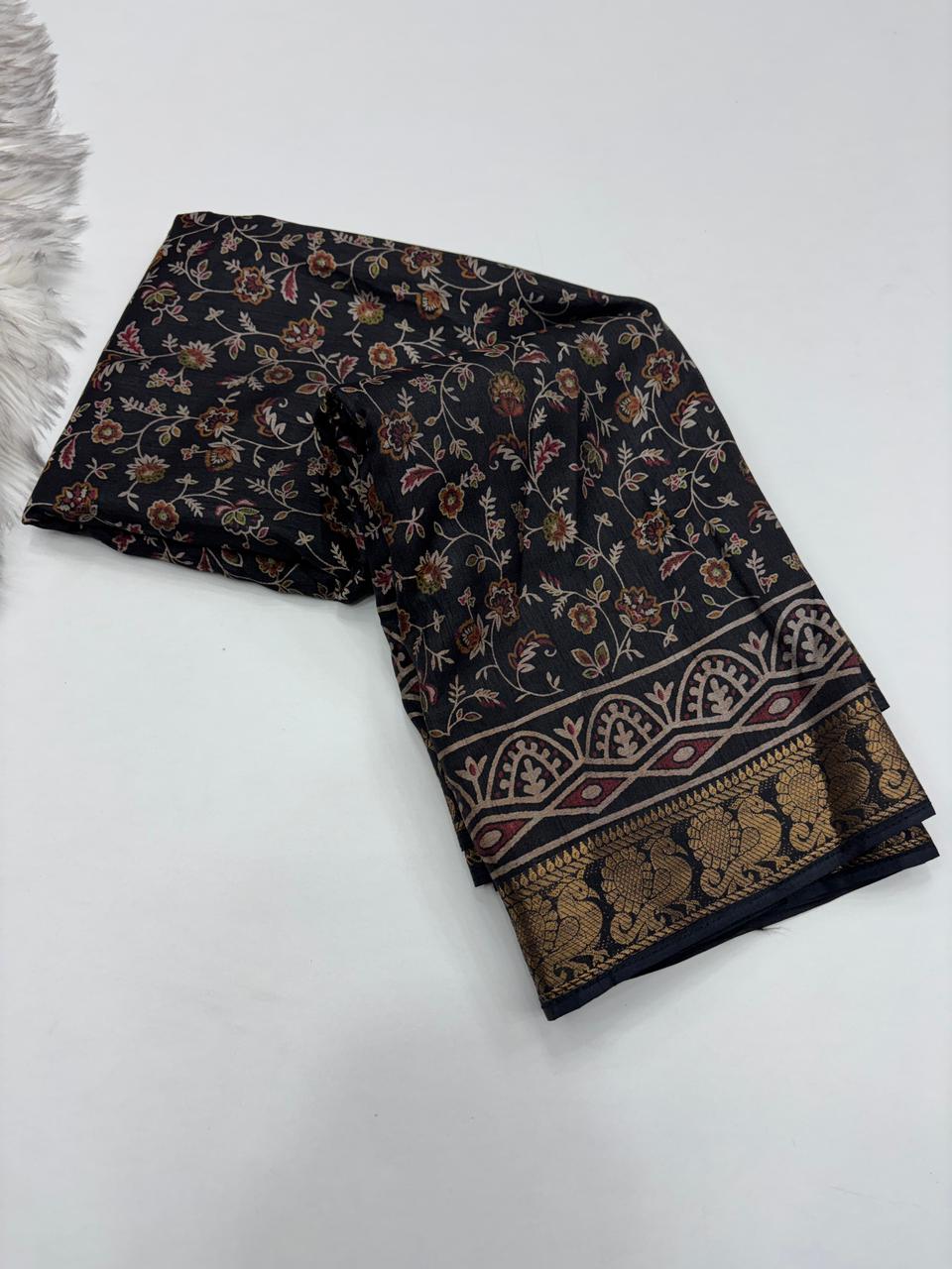 Artistic Function Wear Soft Dola Silk Kalamkari Print Mangalkari Zari Border Fancy Designer Saree With Luxurious Blouse Piece