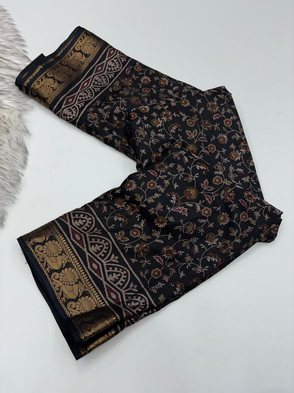 Artistic Function Wear Soft Dola Silk Kalamkari Print Mangalkari Zari Border Fancy Designer Saree With Luxurious Blouse Piece