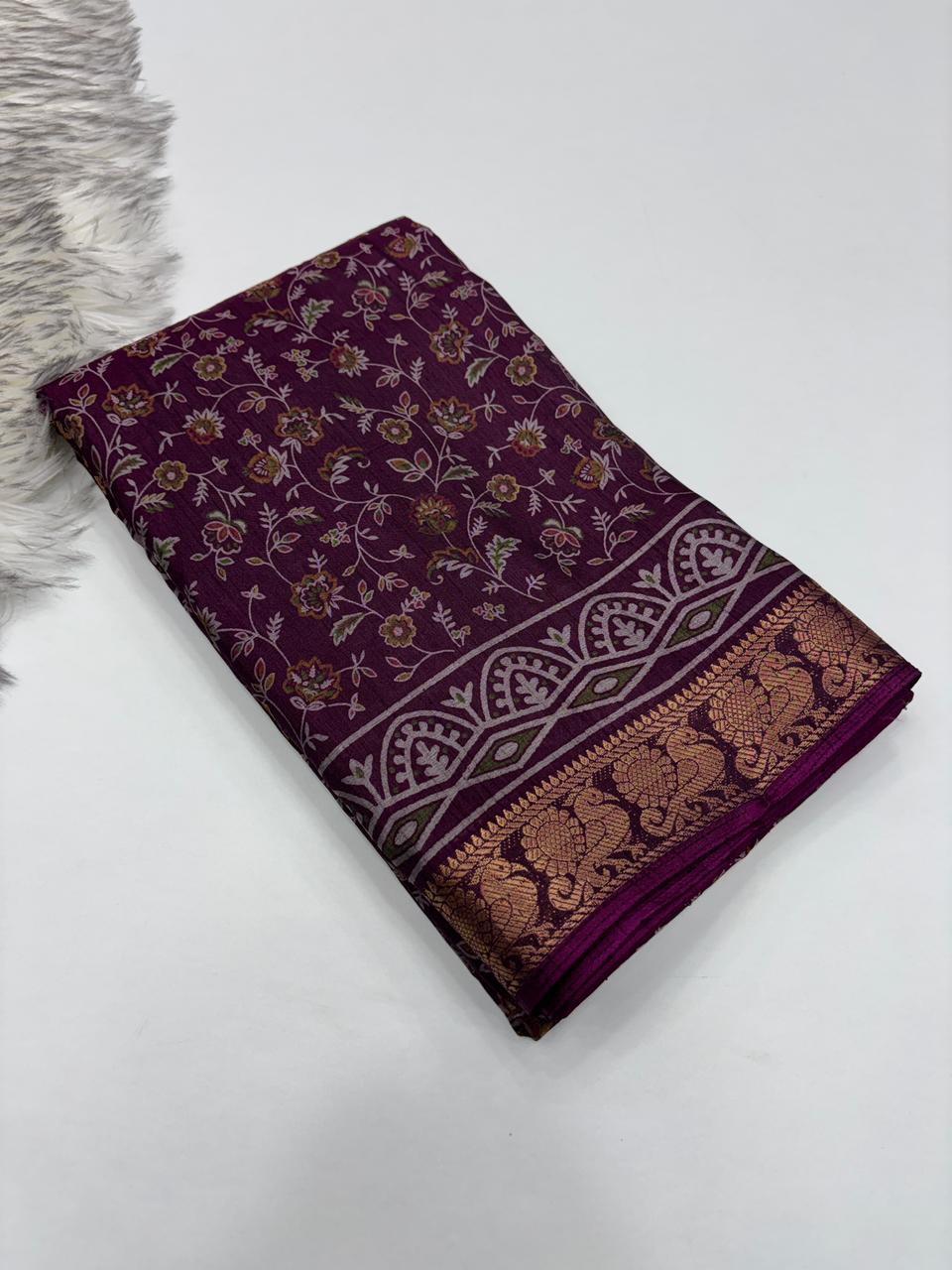 Artistic Function Wear Soft Dola Silk Kalamkari Print Mangalkari Zari Border Fancy Designer Saree With Luxurious Blouse Piece