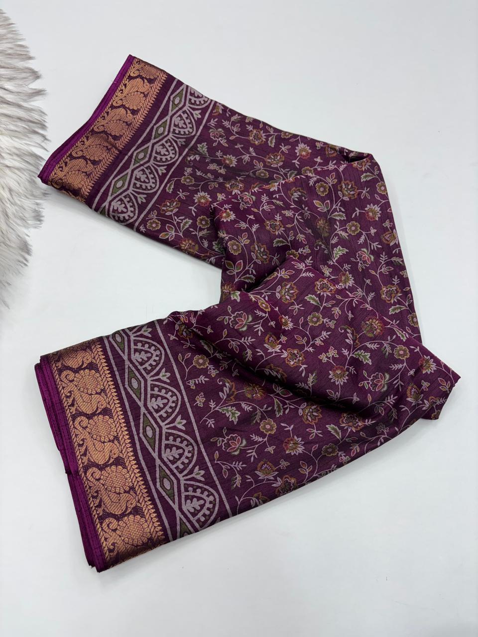 Artistic Function Wear Soft Dola Silk Kalamkari Print Mangalkari Zari Border Fancy Designer Saree With Luxurious Blouse Piece