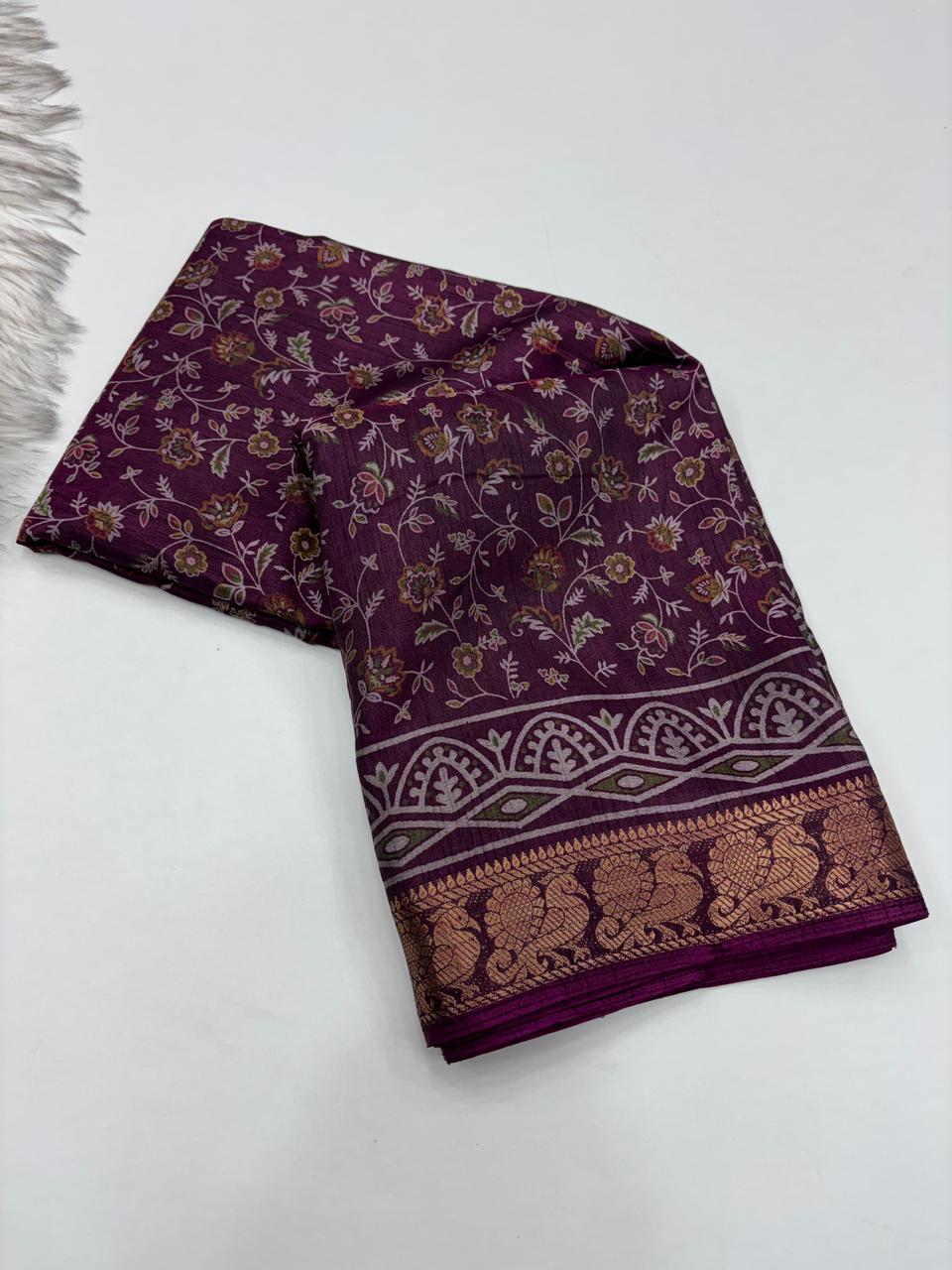 Artistic Function Wear Soft Dola Silk Kalamkari Print Mangalkari Zari Border Fancy Designer Saree With Luxurious Blouse Piece