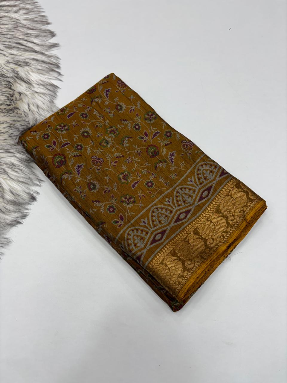 Artistic Function Wear Soft Dola Silk Kalamkari Print Mangalkari Zari Border Fancy Designer Saree With Luxurious Blouse Piece