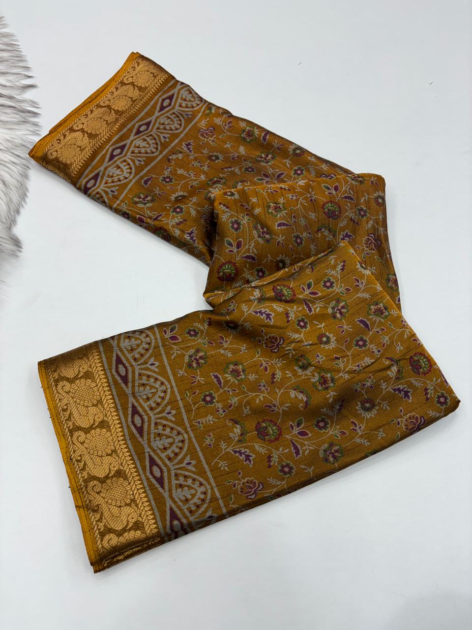 Artistic Function Wear Soft Dola Silk Kalamkari Print Mangalkari Zari Border Fancy Designer Saree With Luxurious Blouse Piece