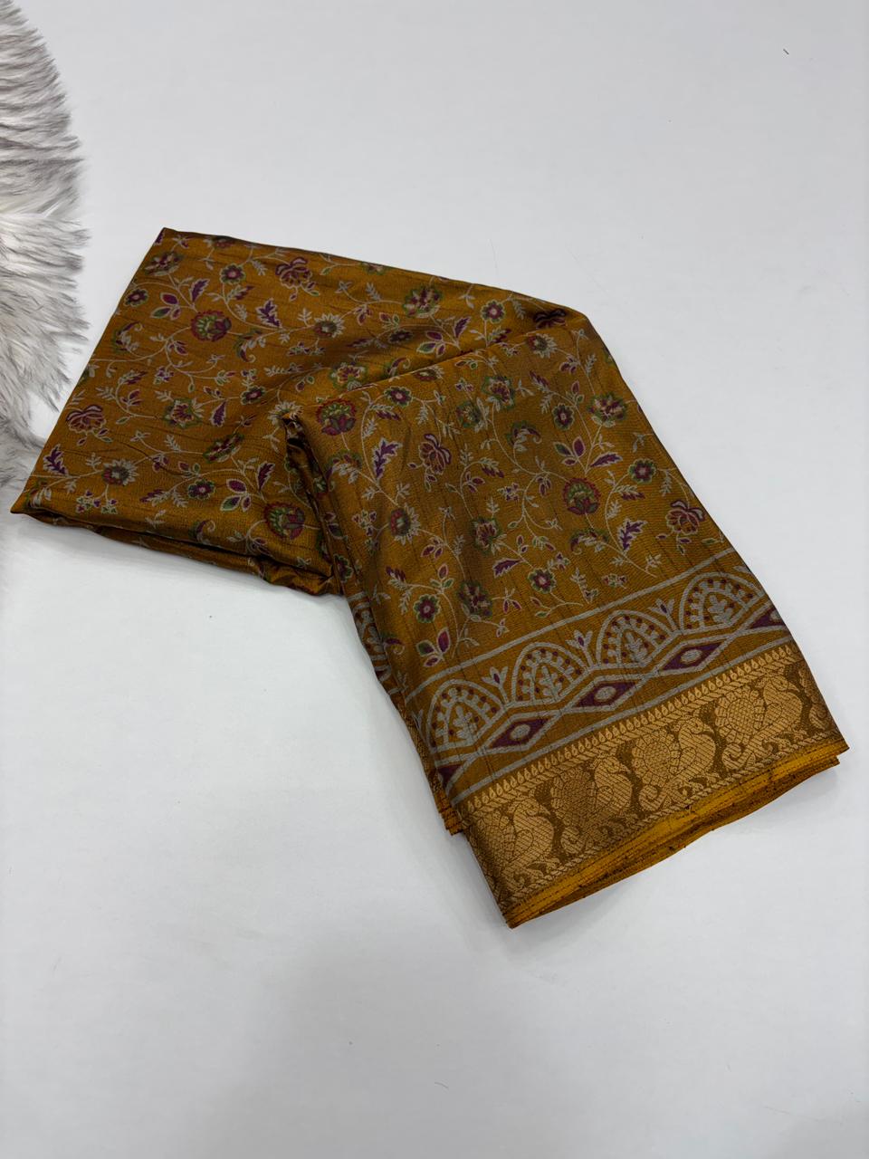 Artistic Function Wear Soft Dola Silk Kalamkari Print Mangalkari Zari Border Fancy Designer Saree With Luxurious Blouse Piece