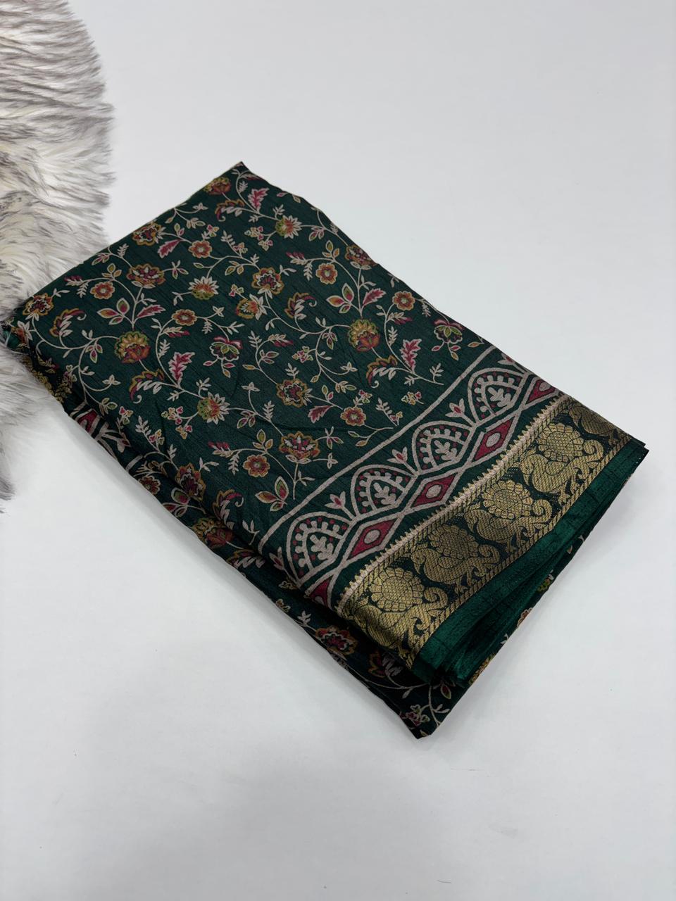 Artistic Function Wear Soft Dola Silk Kalamkari Print Mangalkari Zari Border Fancy Designer Saree With Luxurious Blouse Piece
