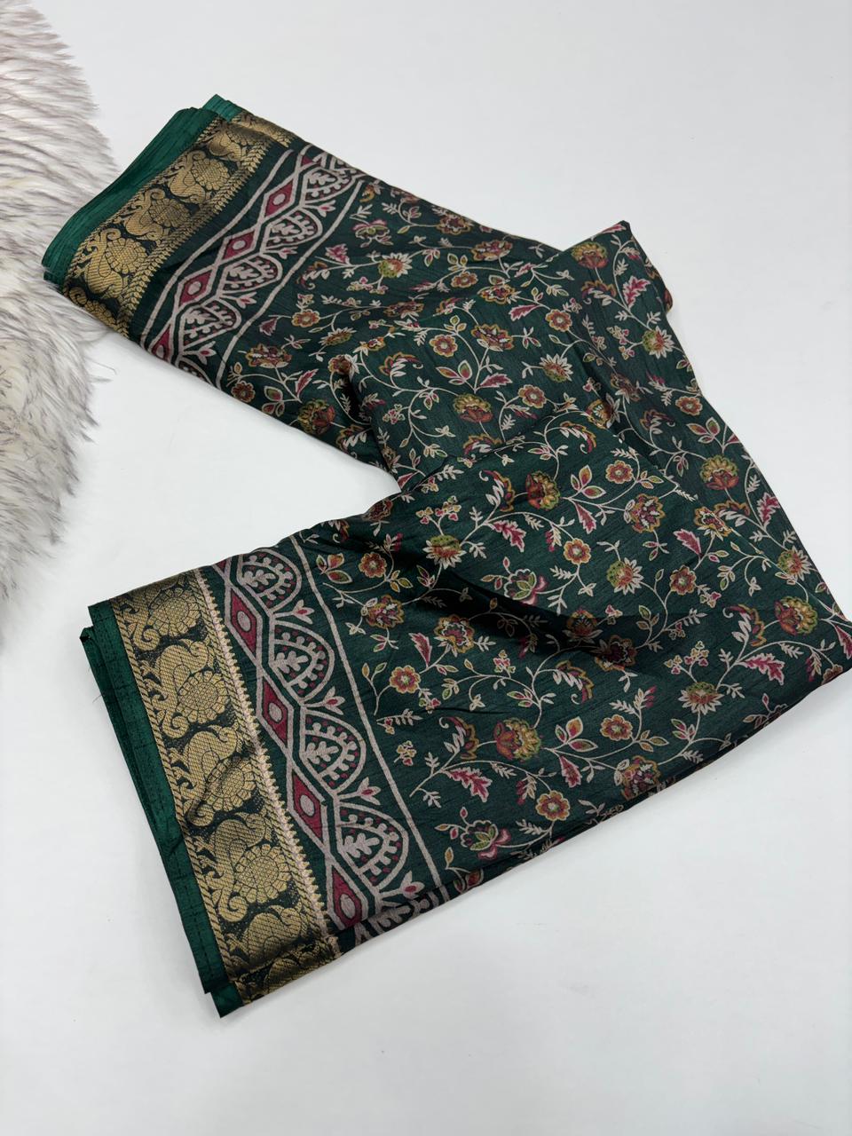 Artistic Function Wear Soft Dola Silk Kalamkari Print Mangalkari Zari Border Fancy Designer Saree With Luxurious Blouse Piece