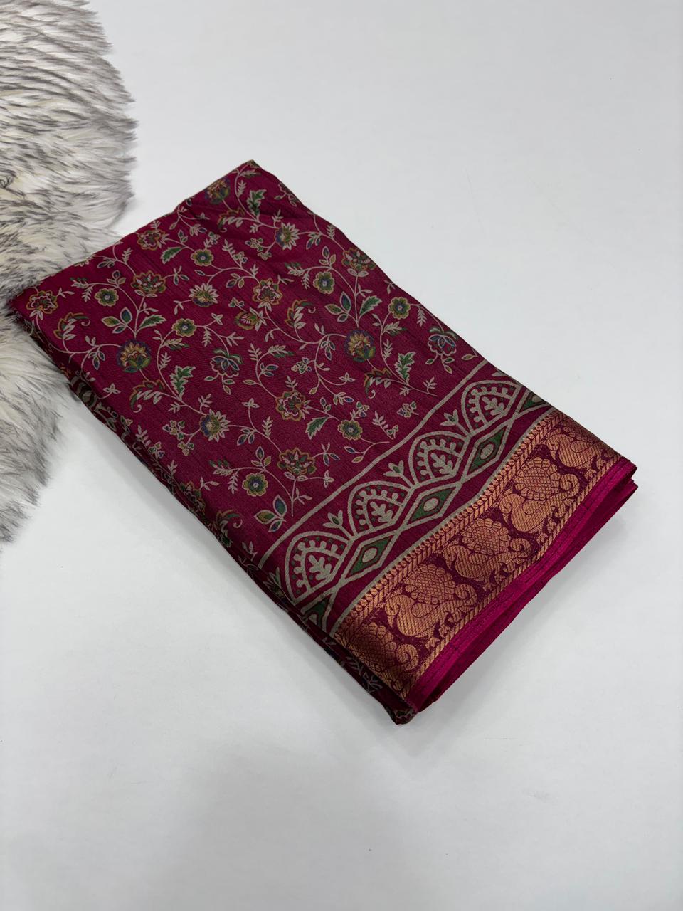 Artistic Function Wear Soft Dola Silk Kalamkari Print Mangalkari Zari Border Fancy Designer Saree With Luxurious Blouse Piece