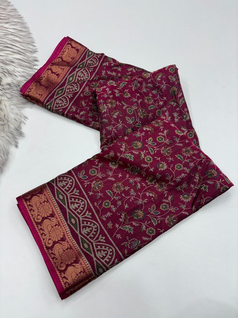 Artistic Function Wear Soft Dola Silk Kalamkari Print Mangalkari Zari Border Fancy Designer Saree With Luxurious Blouse Piece