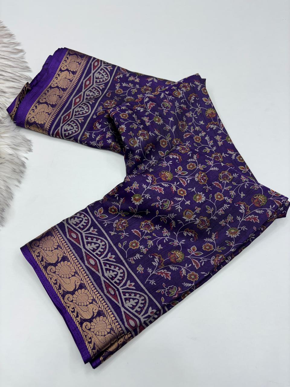 Artistic Function Wear Soft Dola Silk Kalamkari Print Mangalkari Zari Border Fancy Designer Saree With Luxurious Blouse Piece