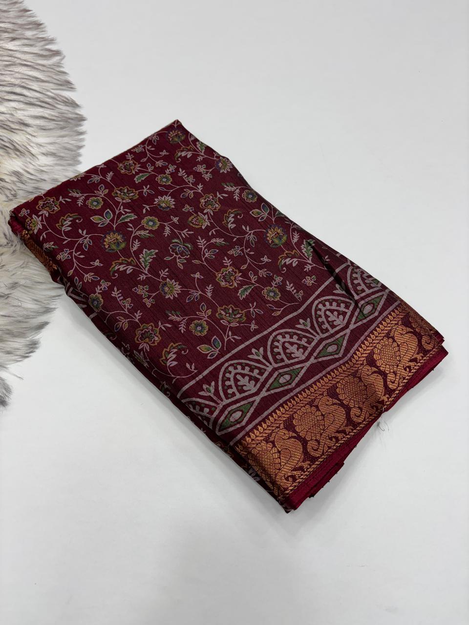 Artistic Function Wear Soft Dola Silk Kalamkari Print Mangalkari Zari Border Fancy Designer Saree With Luxurious Blouse Piece