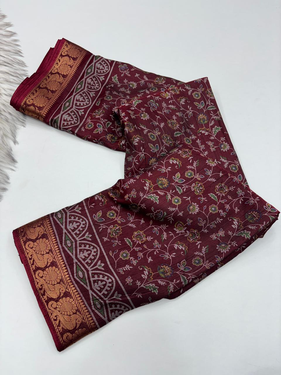 Artistic Function Wear Soft Dola Silk Kalamkari Print Mangalkari Zari Border Fancy Designer Saree With Luxurious Blouse Piece