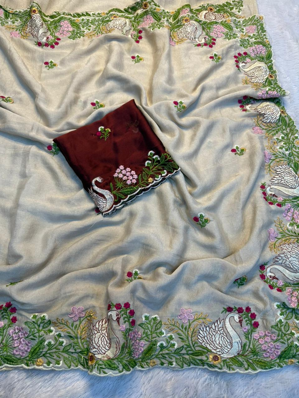 Exquisite Wedding Wear Soft Crunchy Silk Full Multi Sequence Work Fancy Designer Saree With Contrast Blouse Piece