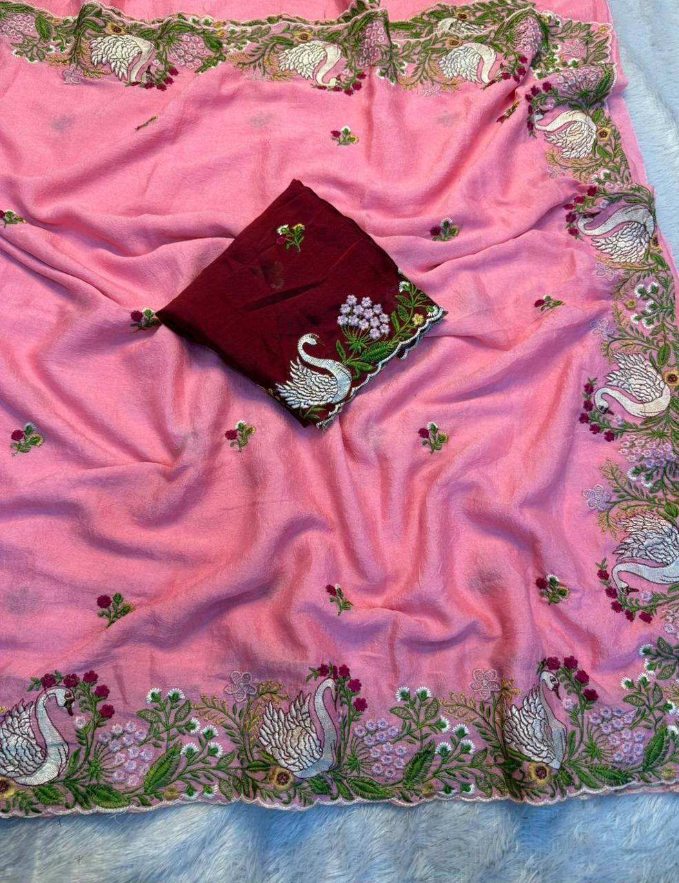Exquisite Wedding Wear Soft Crunchy Silk Full Multi Sequence Work Fancy Designer Saree With Contrast Blouse Piece